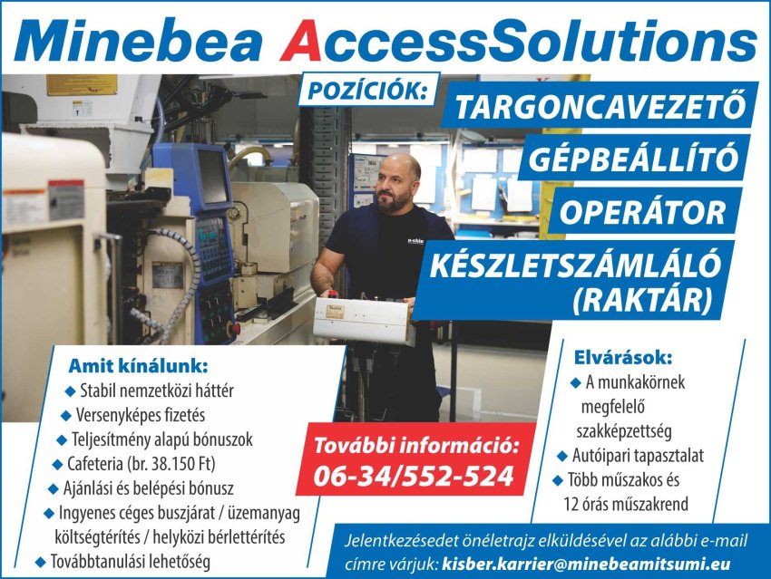 Minebea AccessSolutions Hungary Kft. munkatársakat keres Kisbérre