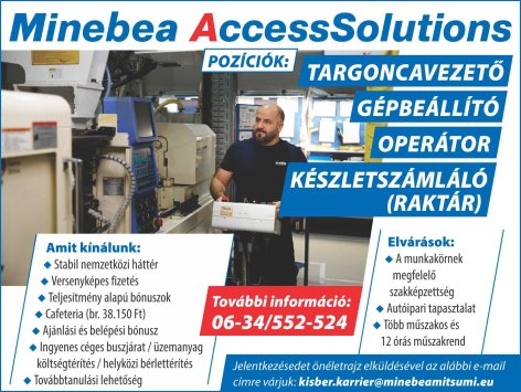 Minebea AccessSolutions Hungary Kft. munkatársakat keres Kisbérre